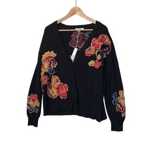 Black Multicolor Floral Embroidered V Neck Whimsigoth Cardigan Sweater  NWT